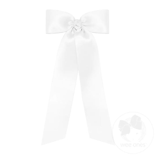 Medium French Satin Hair Bowtie with Knot Wrap and Streamer Tails White