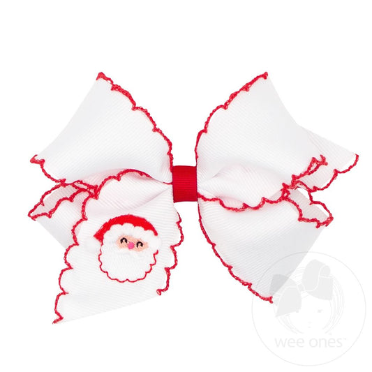 Medium Grosgrain Hair bow with Moonstitch Edge and Santa Claus Holiday-themed Embroidery