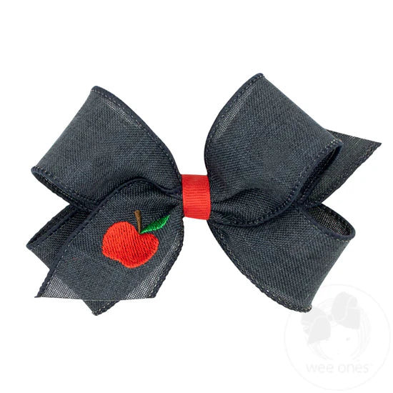 King Linen Hair Bow with Apple Embroidery