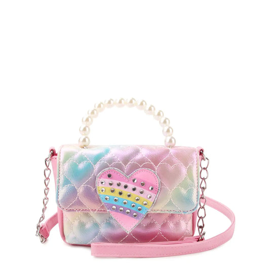 Metallic Heart Quilted Flap Front Crossbody Bag