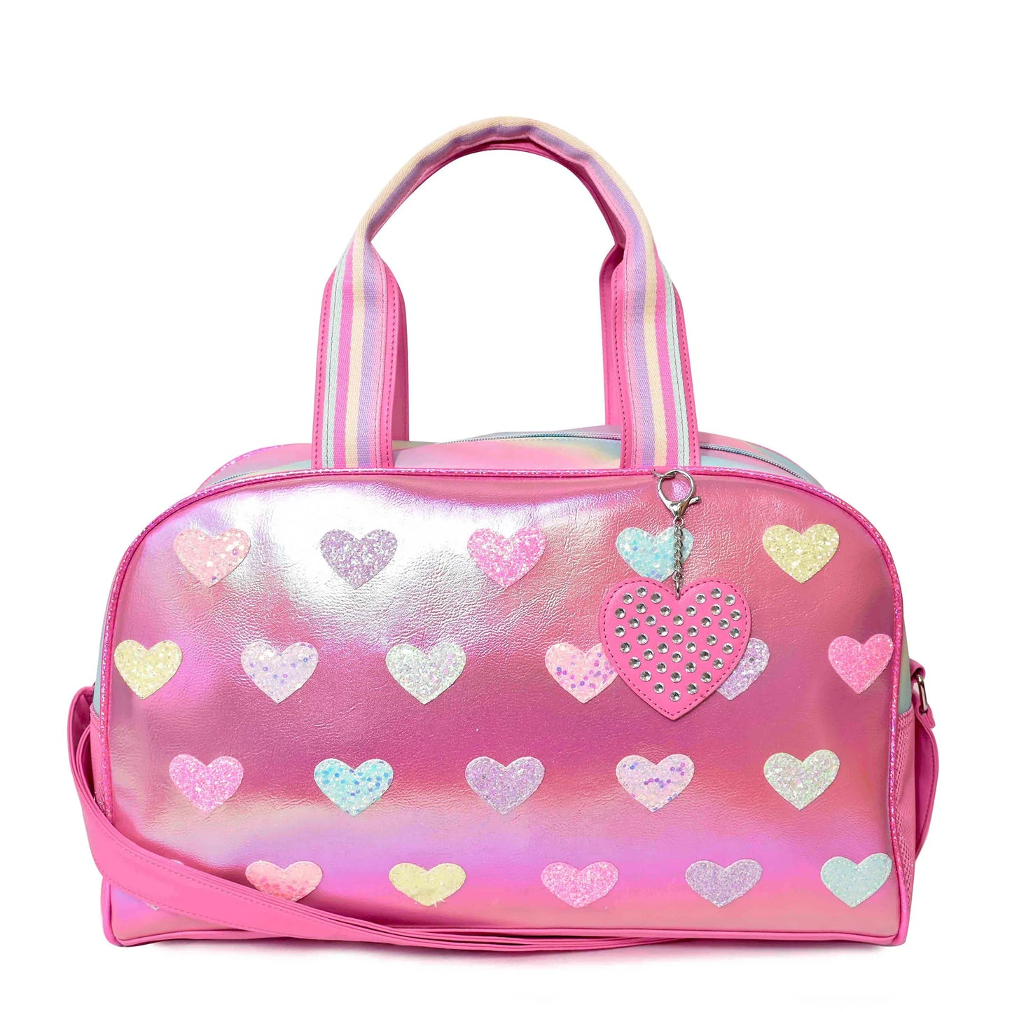 Metallic Heart-Patched Pink Large Duffle Bag