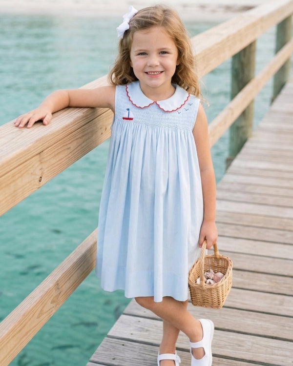 Ella Dress, Brentwood Blue Pique, Sailboat