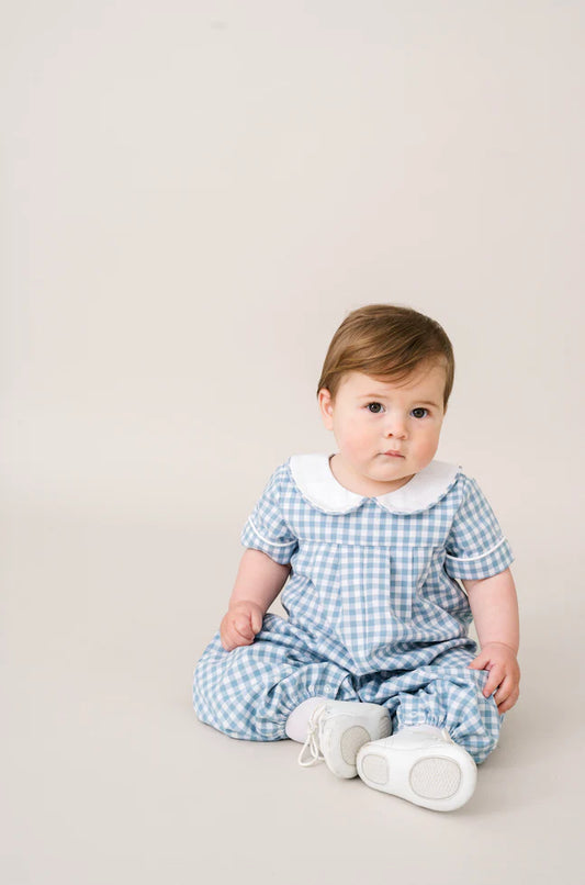 Precious Pleated Romper Stone Blue Check