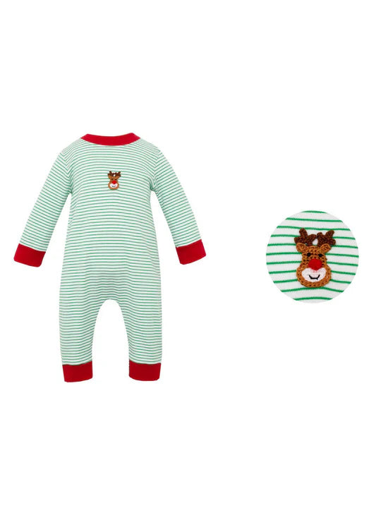 Reindeer Face Green Stripe Knit Boy Long Sleeve Romper