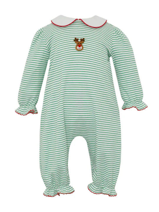 Reindeer Face Green Stripe Knit Girls Long Sleeve Romper