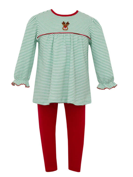 Reindeer Face Green Stripe Knit Tunic Set Long Sleeve