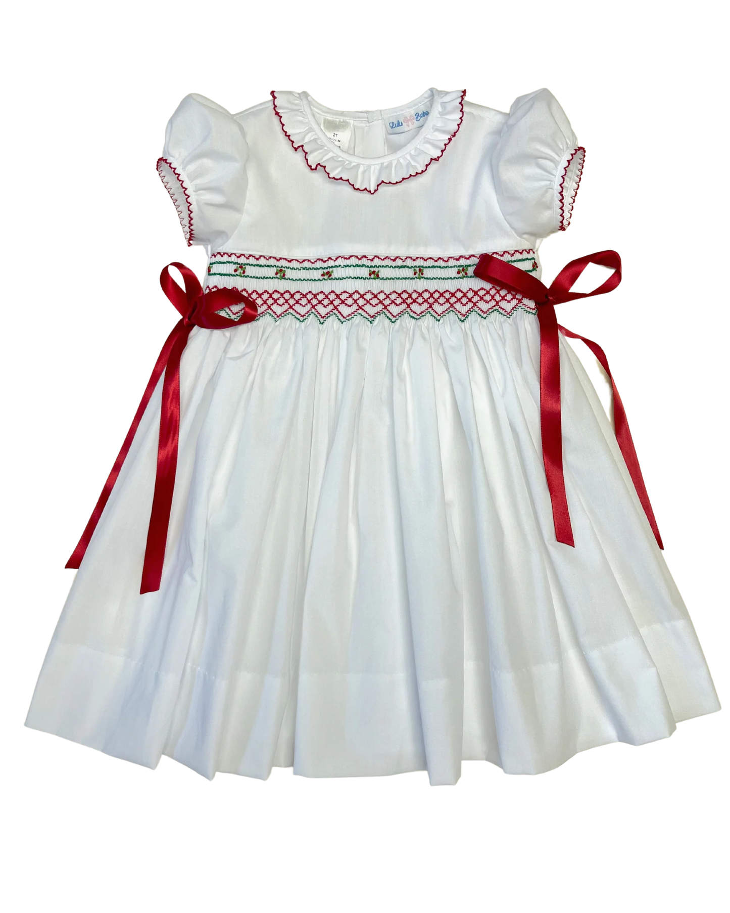 White Rose Dress with Smocking Dress and Ribbon - Christmas