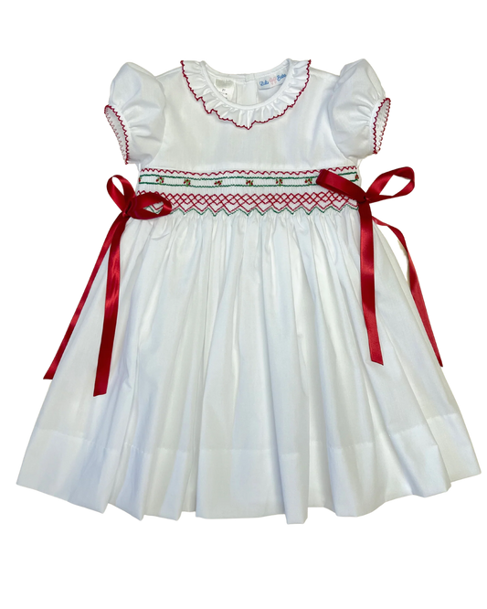 White Rose Dress with Smocking Dress and Ribbon - Christmas