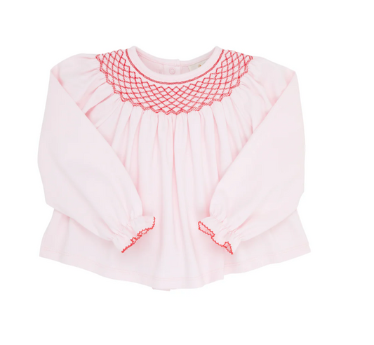 Bettye Sue Smocked Top Palm Beach Pink with Richmond Red Smocking