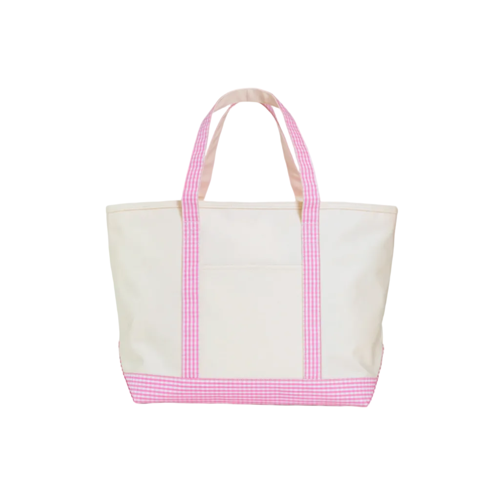 MAXI TOTE - COATED CANVAS Large- NATURAL WITH GINGHAM PINK TRIM