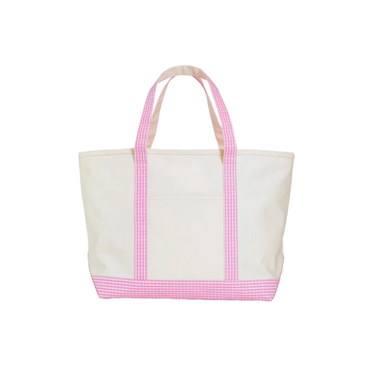 MAXI TOTE - COATED CANVAS Large- NATURAL WITH GINGHAM PINK TRIM