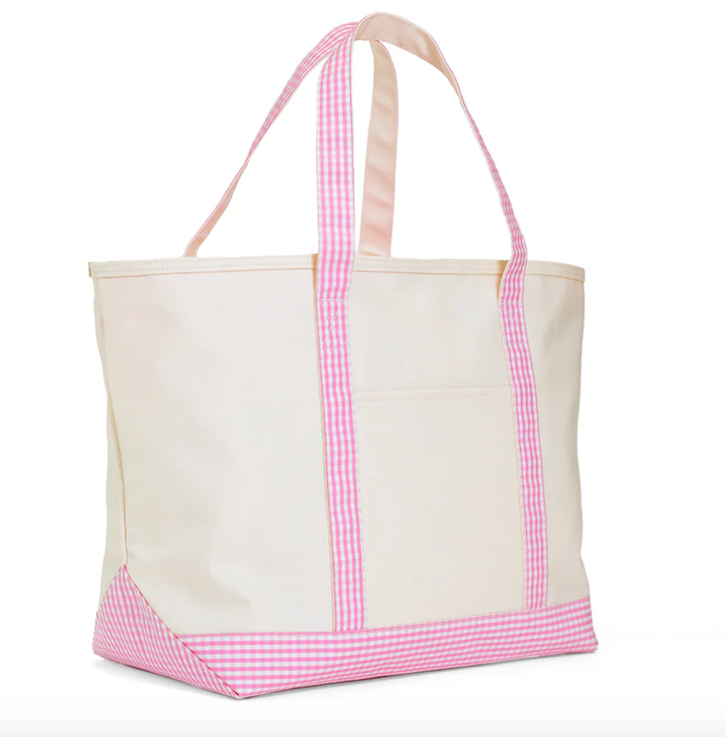 MAXI TOTE - COATED CANVAS Large- NATURAL WITH GINGHAM PINK TRIM