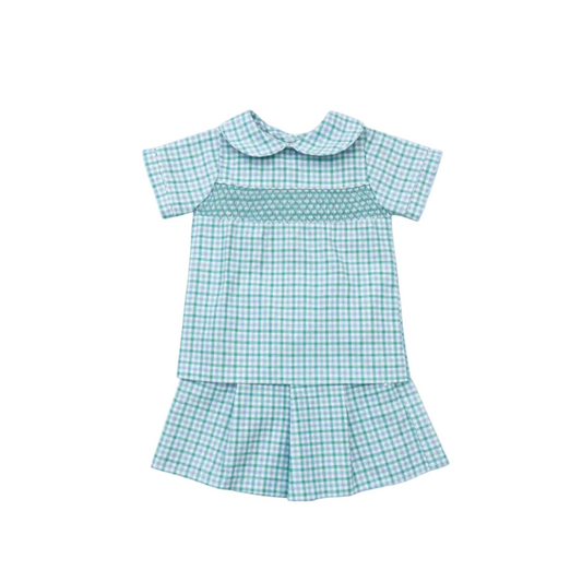 Joseph Blue Green Plaid Smocked Short Set