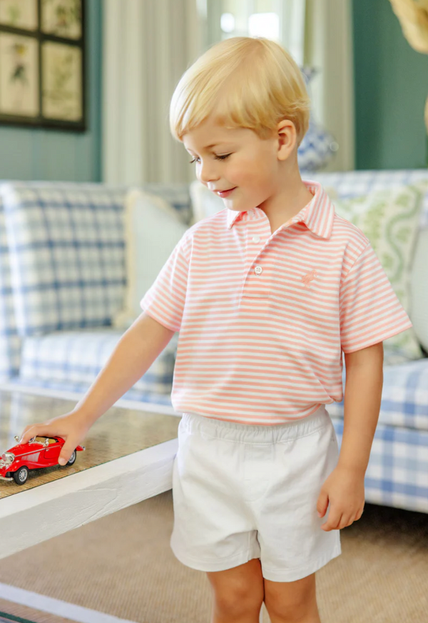 Prim and Proper Polo SS- Sanibel Salmon Stripe/Pompano Peach