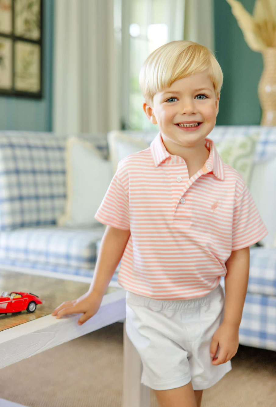 Prim and Proper Polo SS- Sanibel Salmon Stripe/Pompano Peach