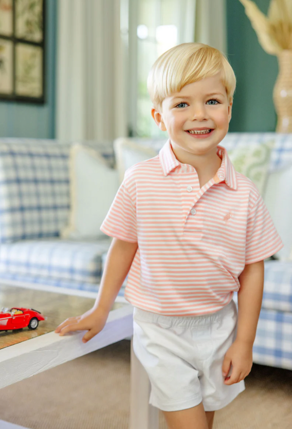 Prim and Proper Polo SS- Sanibel Salmon Stripe/Pompano Peach