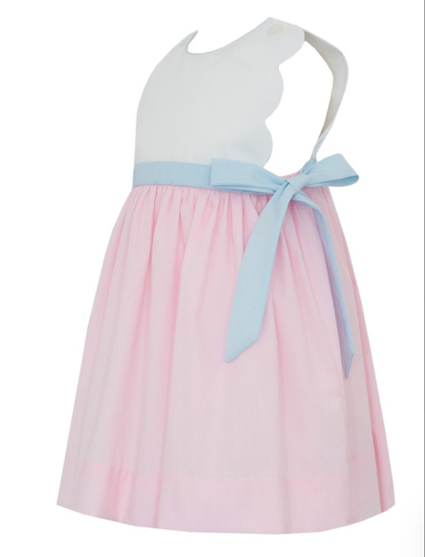 Pink Check Scalloped Sundress w/ Light Blue Side Bows