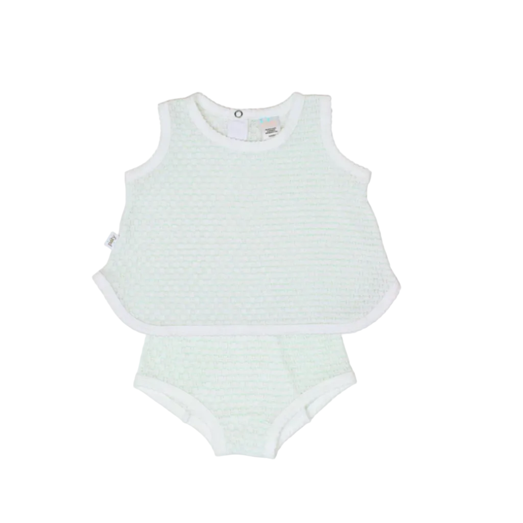 Paty Knit 2 Piece Sleeveless Diaper Set Mint w/ White Trim