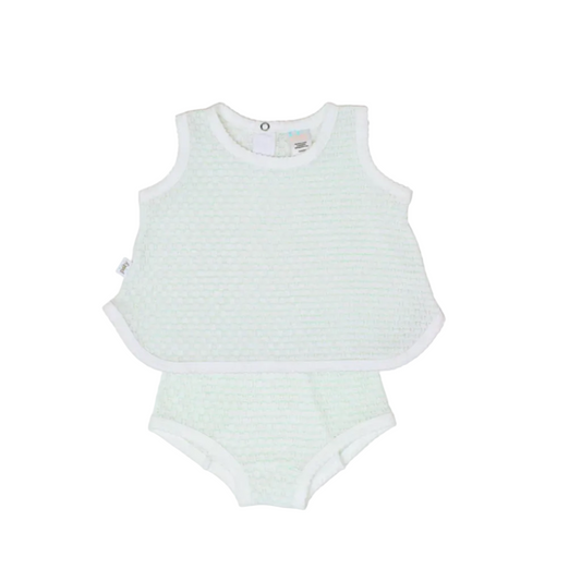 Paty Knit 2 Piece Sleeveless Diaper Set Mint w/ White Trim
