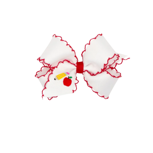 Medium 'Apple & Pencil' Back To School Emb Moonstitch Bow White/Red