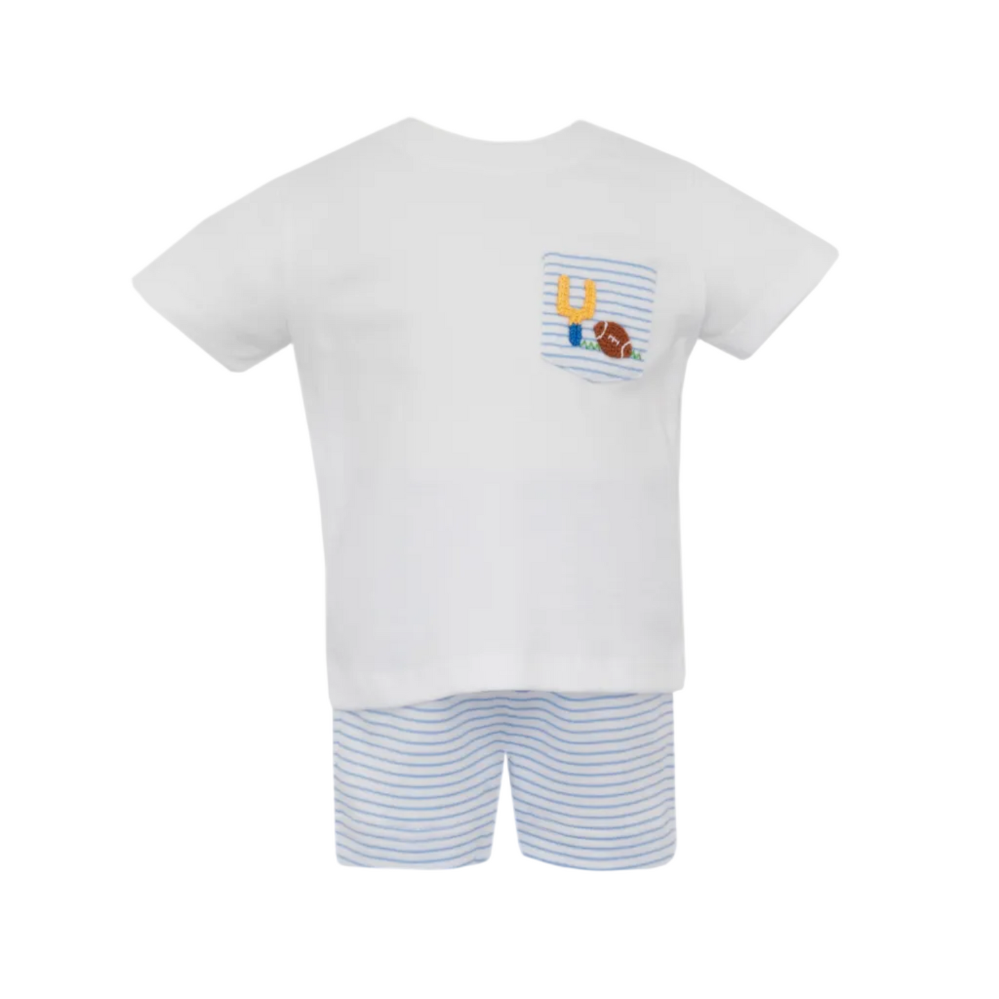 Football- Blue Knit Stripe Boy's Short Set w/ White Knit T-Shirt, S/S