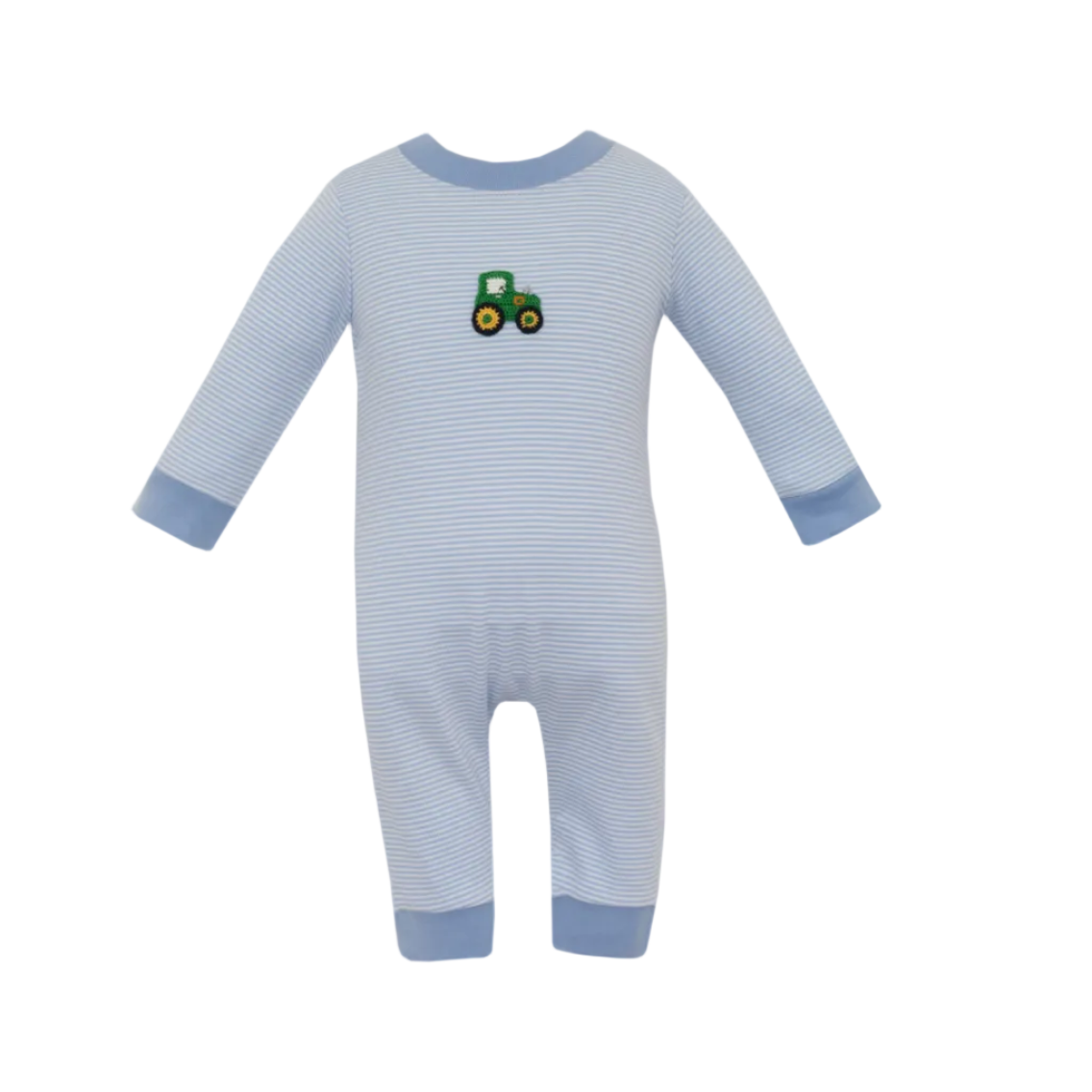Tractor Blue Knit Stripe Boy's Long Romper