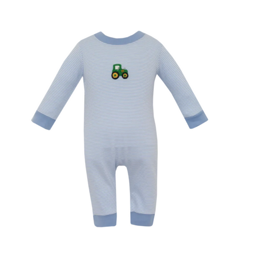 Tractor Blue Knit Stripe Boy's Long Romper