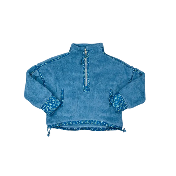 Floral Printed Piping Detail Sherpa Jacket, Blue