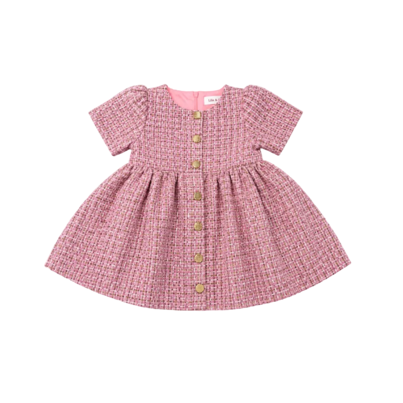 Claire Pink/Gold Tweed Button Dress