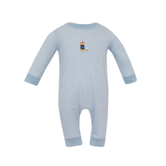 Boy's Blue Check Knit Long Romper LS- Golf