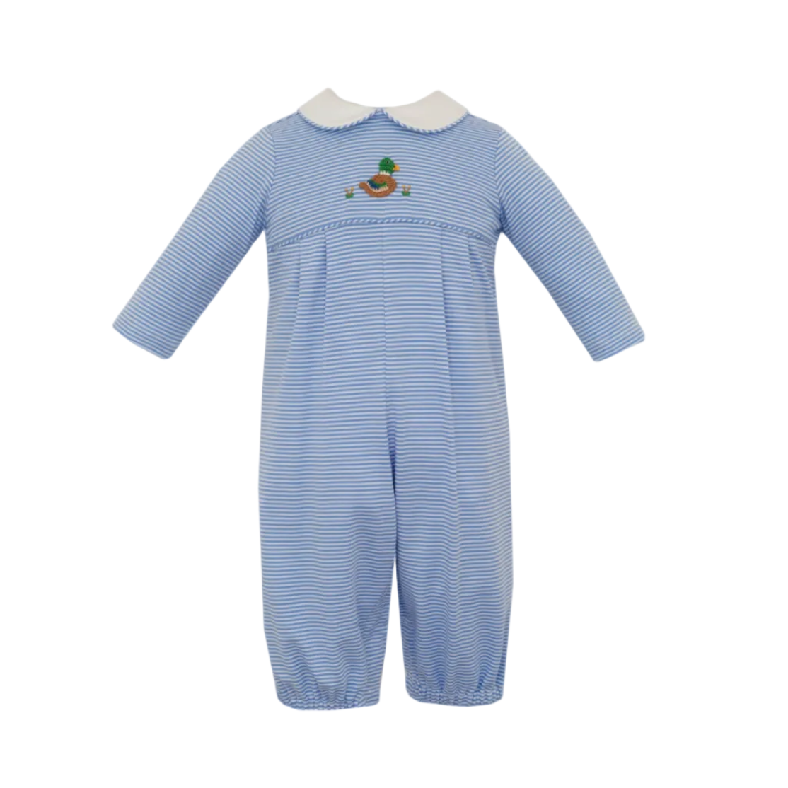 Boy's Peri Blue Knit Stripe Boy's Long Sleeve Romper LS- Mallard Duck