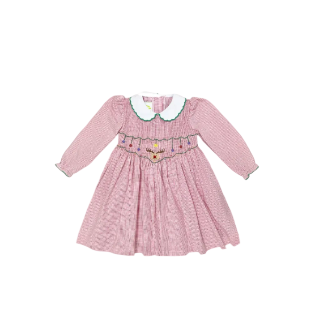 Reindeer Full Smocked Kendall Collar Dress, Red Windowpane