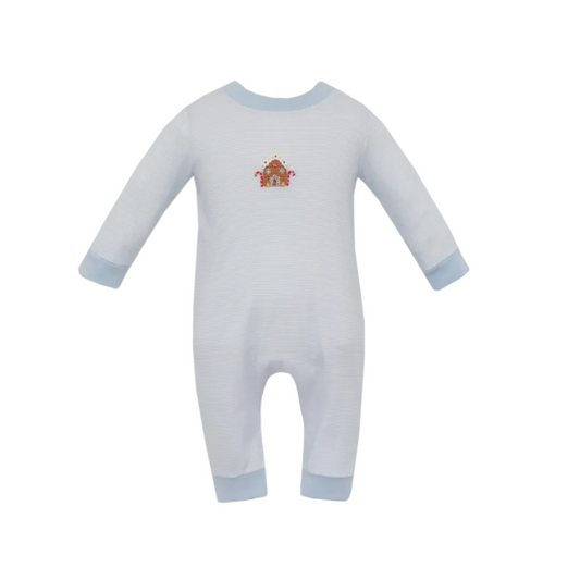 Gingerbread Boy's Light Blue Knit Stripe Boy's Long Romper L/S
