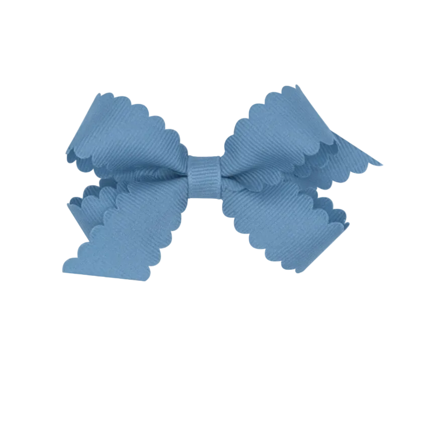 Mini Grosgrain Hair Bow with Scalloped Edge Smoke Blue
