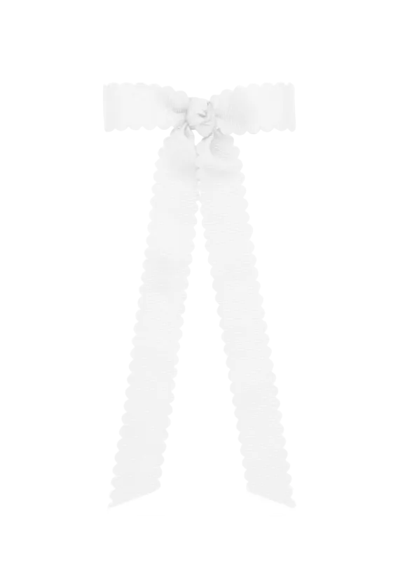 Mini Grosgrain Bowtie with Scalloped Edge, Knot Wrap, and Streamer Tails White