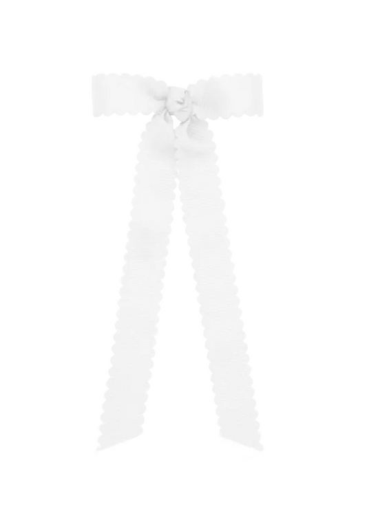 Mini Grosgrain Bowtie with Scalloped Edge, Knot Wrap, and Streamer Tails White