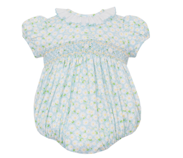 Spring Daises- Blue daises knit print girl's bubble with white ruffle collar