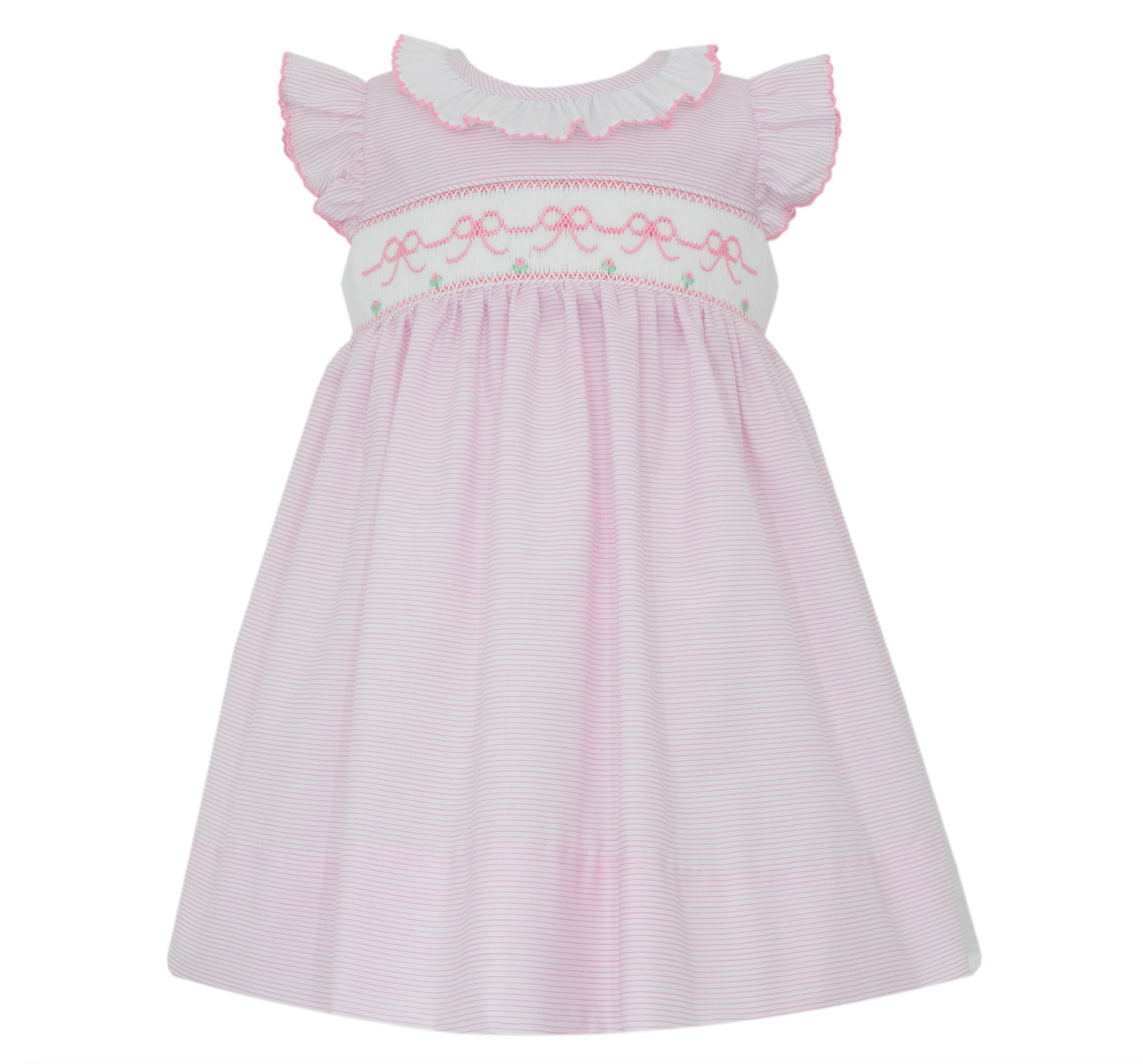 Pink Bows- Pink tiny stripe sleeveless dress w/ white ruffle collar