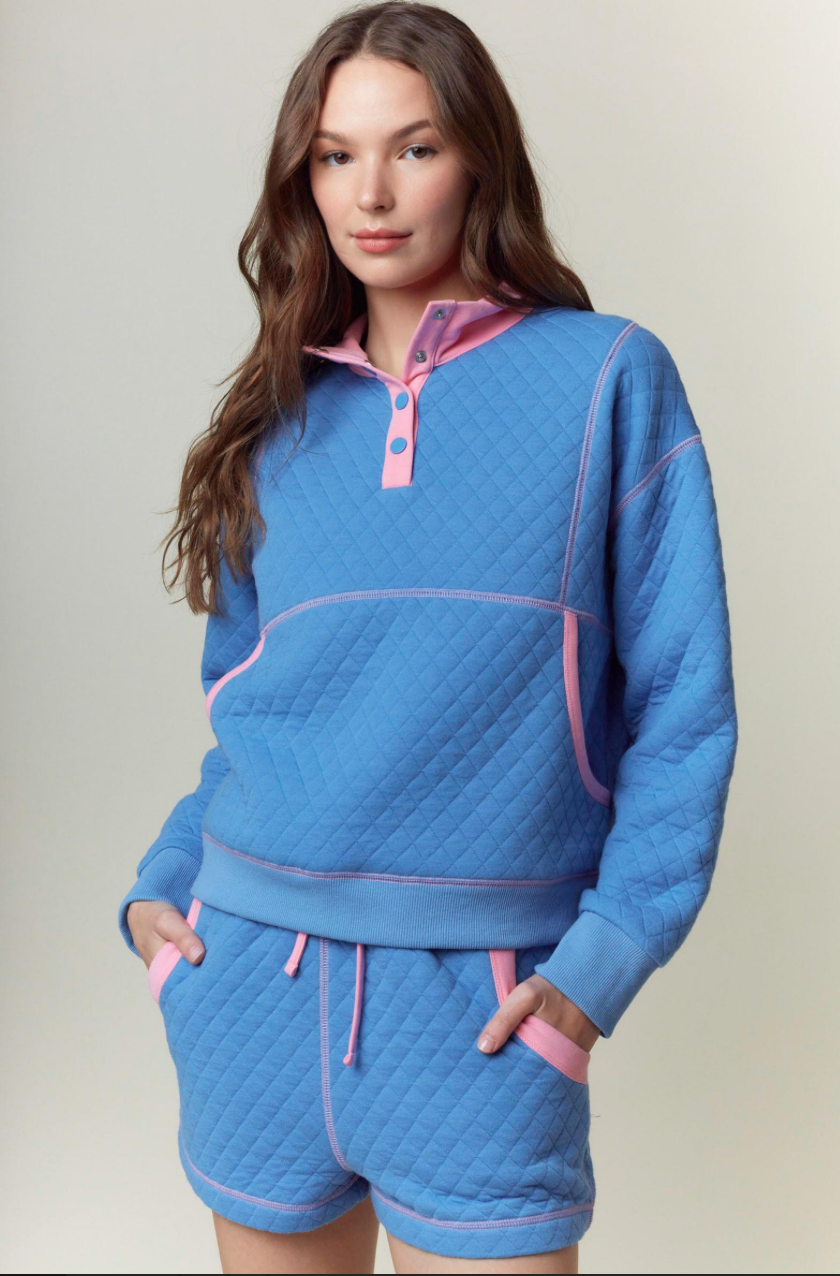 Quilted Contrast Pink and Royal Blue Short Set