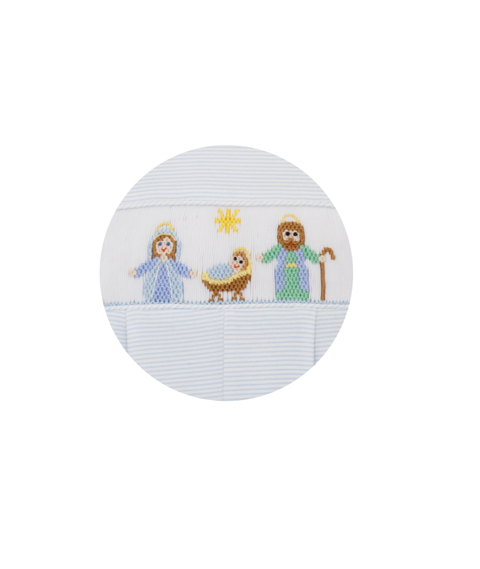 Nativity Boys Light Blue Knit Stripe Boys Long Jon Jon