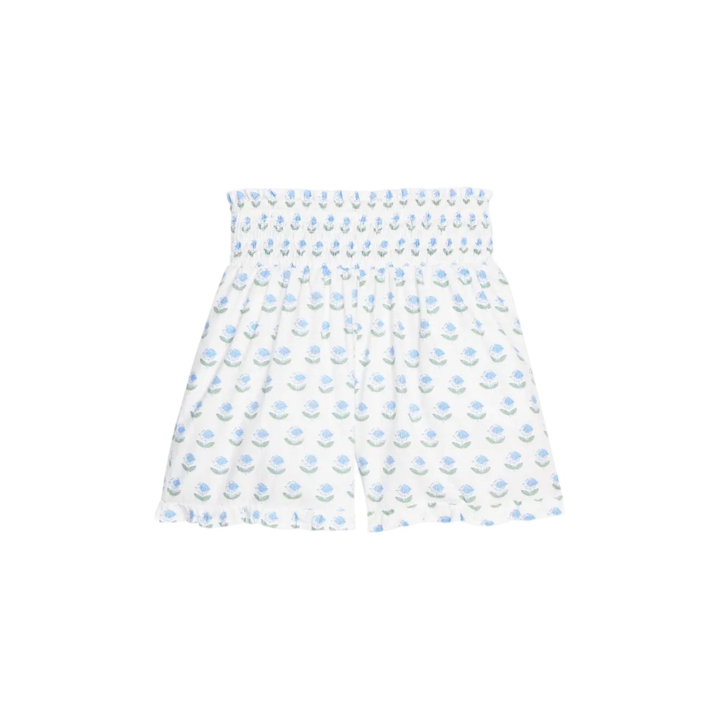 Shirred Ruffle Shorts- Blue Tulip Block Print