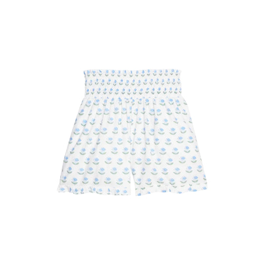 Shirred Ruffle Shorts- Blue Tulip Block Print