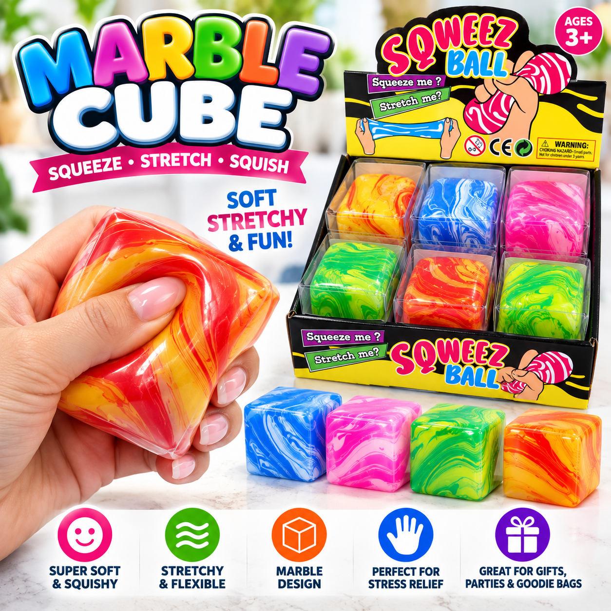 Marble Cube Squishy Stretch Toy (Soft + Stretchy)