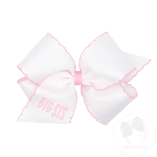 Medium Grosgrain Hair Bow with Light Pink Moonstitch Edge and "BIG SIS" Embroidery