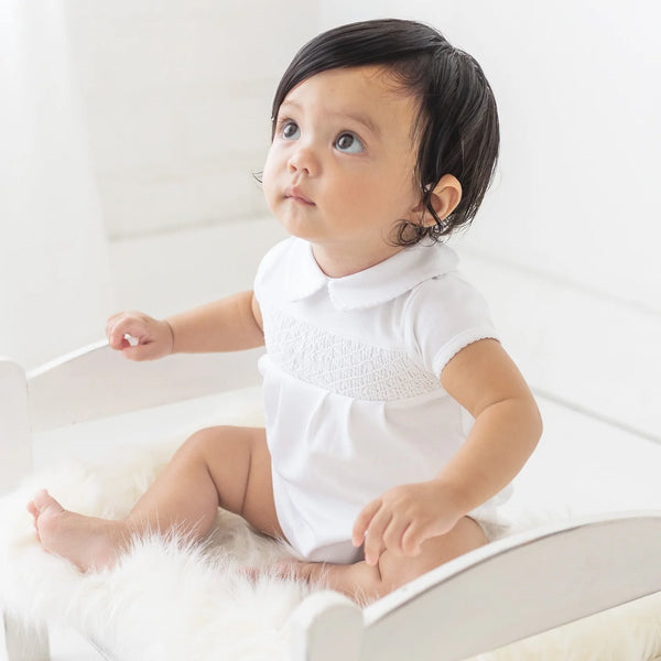 Blessed Smocked Collared S/S Unisex Bubble - White
