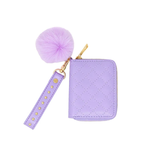 Quilted Stud Strap Wallet with Pom-Pom Purple