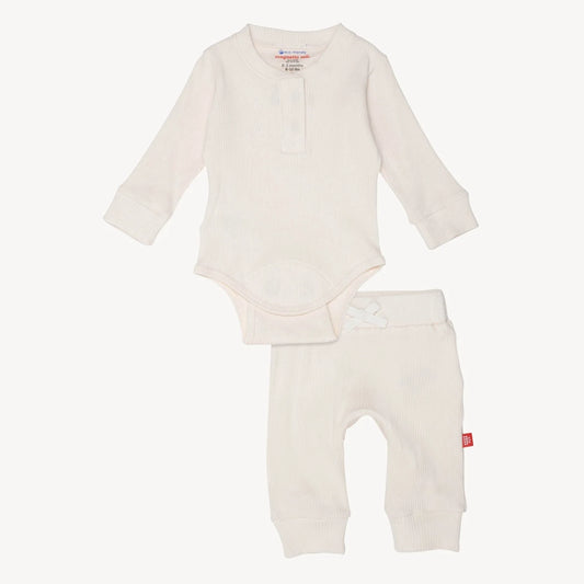 Whipped Cream Ribbed Cotton Magnetic Long Sleeve Bodysuit + Pant Set