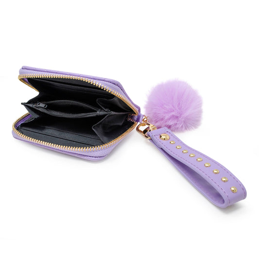Quilted Stud Strap Wallet with Pom-Pom Purple
