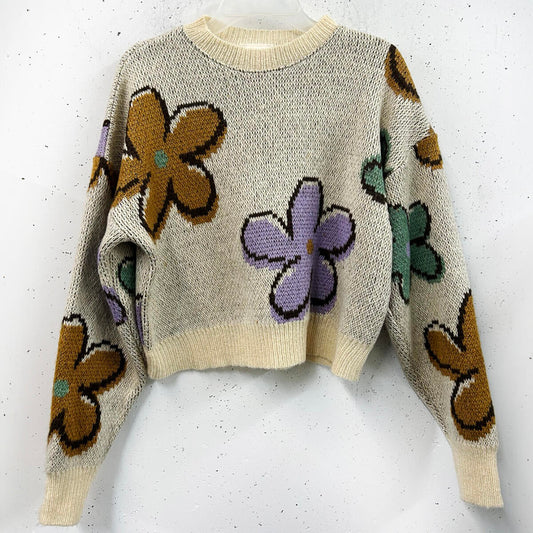 Natural/Multi Floral Drawing Sweater