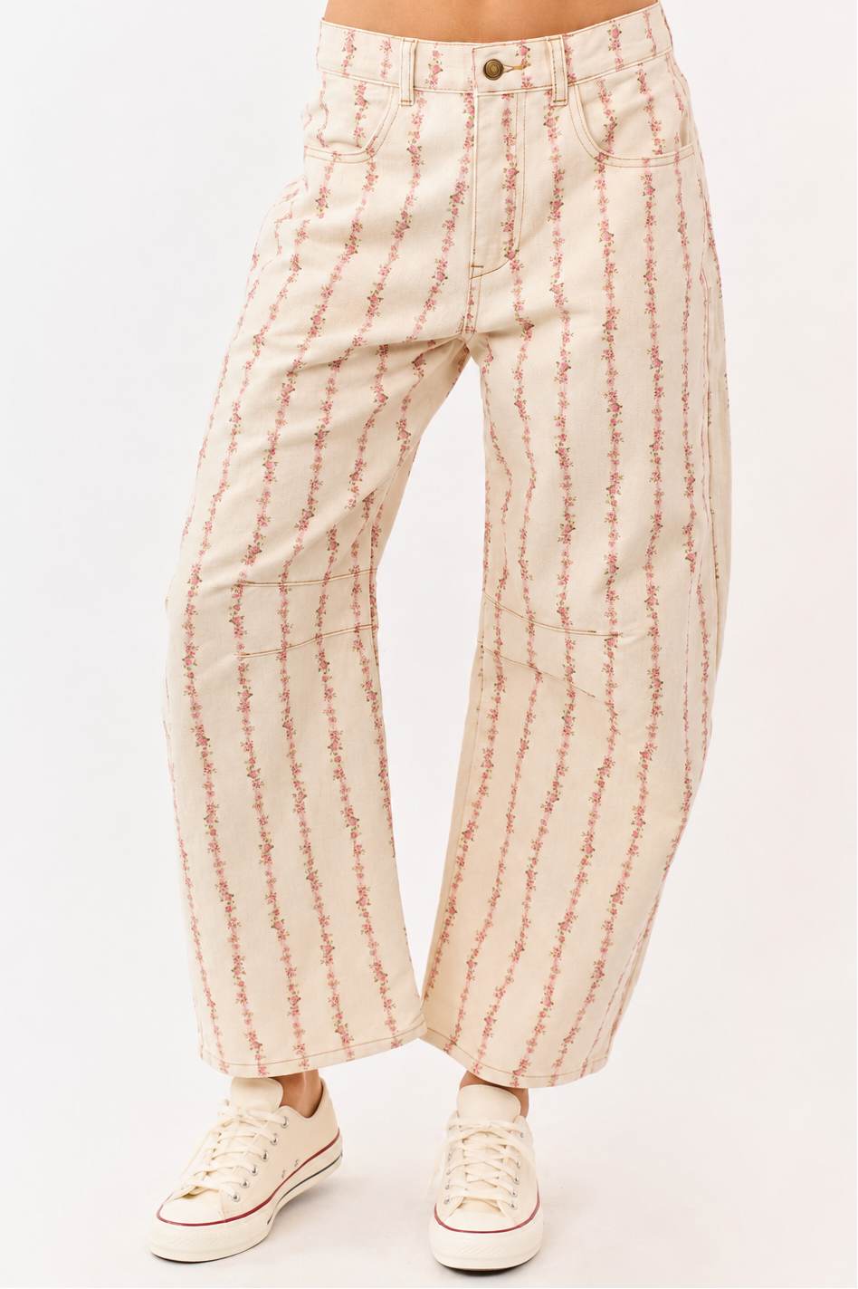 Floral Printed Stitch w/ Front Bronze Button Detail Denim Pants, Cream/Pink